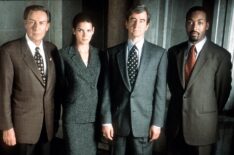 The Cast Of Law & Order: Jerry Orbach (Det. Lennie Briscoe), Angie Harmon (Asst. D.A. Abbie Carmichael), Sam Waterston (Exec. Asst. D.A. Jack Mccoy) and Jesse L. Martin (Det. Edward Green)