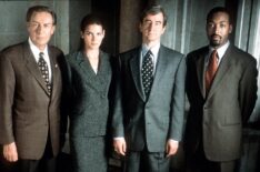 The cast of Law & Order: Jerry Orbach (Det. Lennie Briscoe), Angie Harmon (Asst. D.A. Abbie Carmichael), Sam Waterston (Exec. Asst. D.A. Jack Mccoy) and Jesse L. Martin (Det. Edward Green)