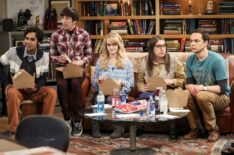 Rajesh Koothrappali (Kunal Nayyar), Howard Wolowitz (Simon Helberg), Bernadette (Melissa Rauch), Amy Farrah Fowler (Mayim Bialik) and Sheldon Cooper (Jim Parsons) of The Big Bang Theory - The Laureate Accumulation