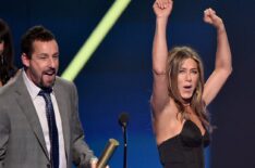 Adam Sandler and Jennifer Aniston accept The Comedy Movie of 2019 award for 'Murder Mystery' at the 2019 E! People's Choice Awards