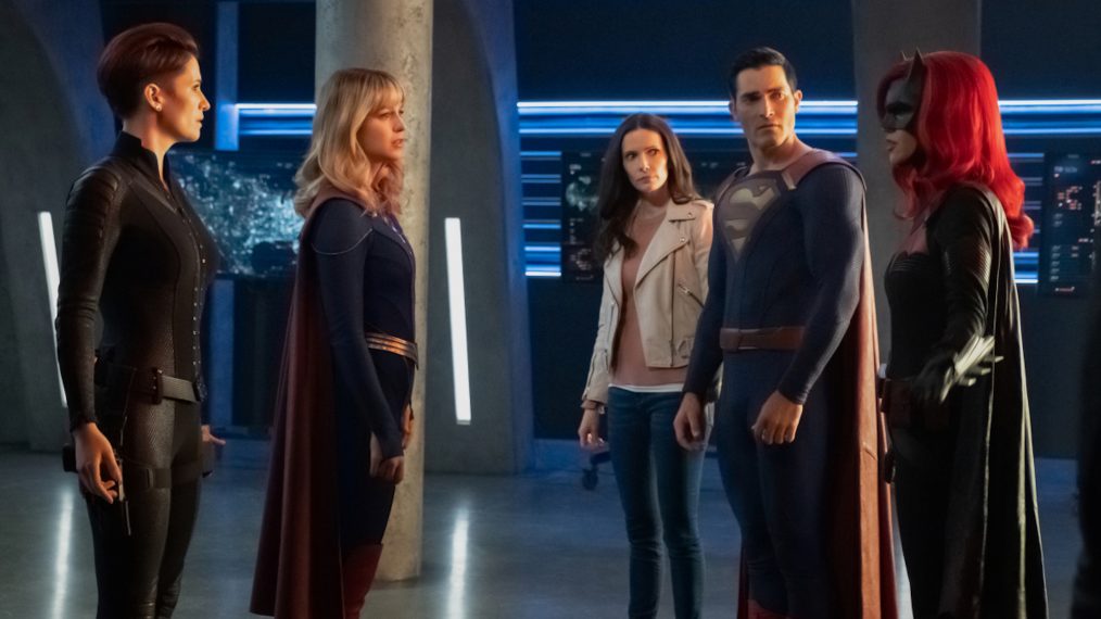 Chyler Leigh as Alex Danvers, Melissa Benoist as Kara/Supergirl, Elizabeth Tulloch as Lois Lane, Tyler Hoechlin as Clark Kent/Superman and Ruby Rose as Kate Kane/Batwoman in Crisis on Infinite Earths: Part One