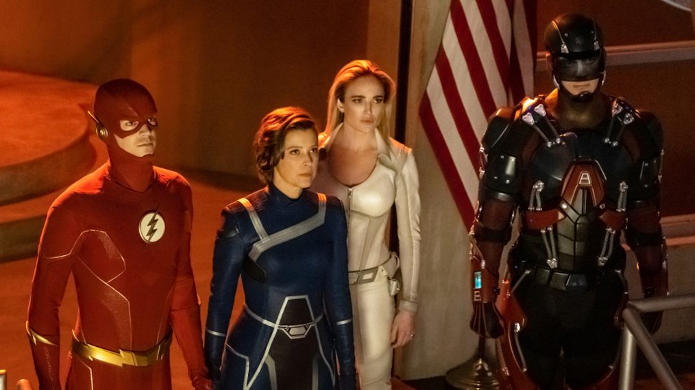 Crisis on Infinite Earths: Part One - Grant Gustin as The Flash, Audrey Marie Anderson as Harbinger, Caity Lotz as Sara Lance/White Canary, and Brandon Routh as Ray Palmer/Atom