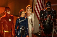 Crisis on Infinite Earths: Part One - Grant Gustin as The Flash, Audrey Marie Anderson as Harbinger, Caity Lotz as Sara Lance/White Canary, and Brandon Routh as Ray Palmer/Atom