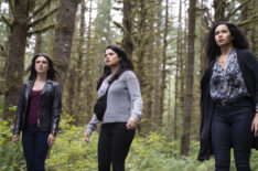 Poppy Drayton as Abigael, Melonie Diaz as Melanie, and Madeleine Mantock as Macy in Charmed