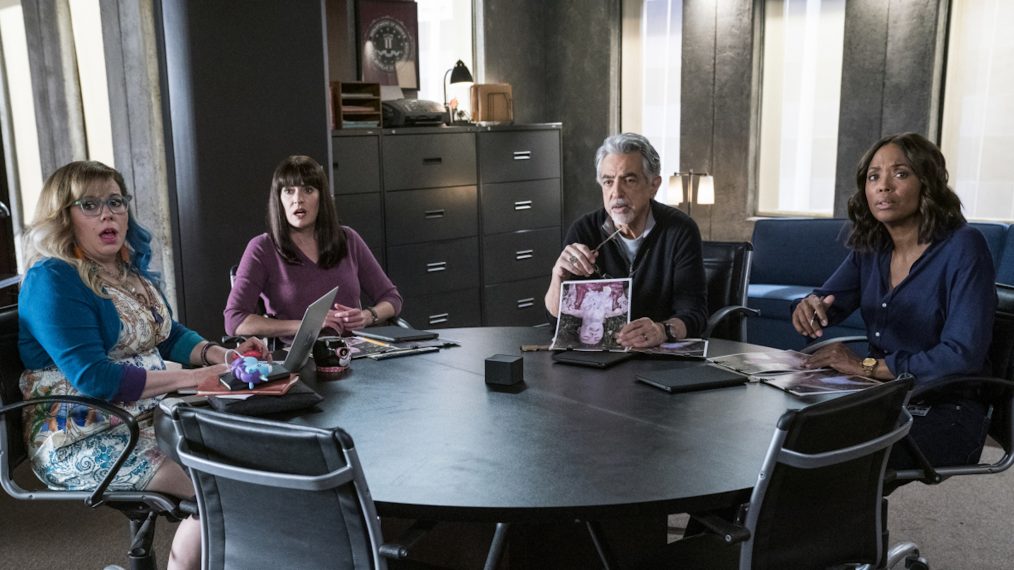 Kirsten Vangsness as Penelope Garcia, Paget Brewster as Emily Prentiss, Joe Mantegna as David Rossi, and Aisha Tyler as Dr. Tara Lewis in Criminal Minds - 'Under the Skin'