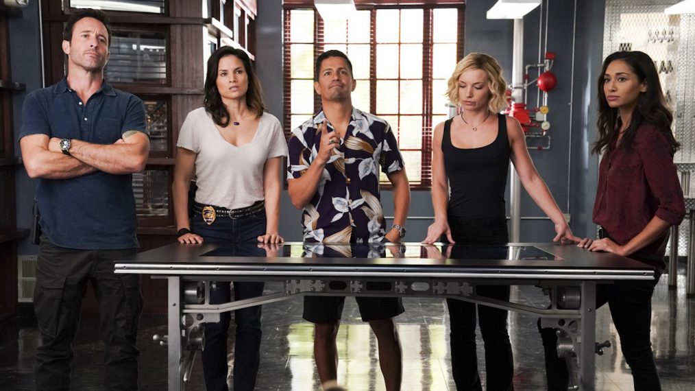 Alex O'Loughlin as Steve McGarrett, Katrina Law as Quinn Liu, Jay Hernandez as Thomas Magnum, Perdita Weeks as Juliet Higgins, and Meaghan Rath as Tani Rey in Hawaii Five-0 - Ihea 'oe i ka wa a ka ua e loku ana? (Where were you when the rain was pouring?)