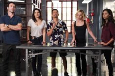 Alex O'Loughlin as Steve McGarrett, Katrina Law as Quinn Liu, Jay Hernandez as Thomas Magnum, Perdita Weeks as Juliet Higgins, and Meaghan Rath as Tani Rey in Hawaii Five-0 - Ihea 'oe i ka wa a ka ua e loku ana? (Where were you when the rain was pouring?)