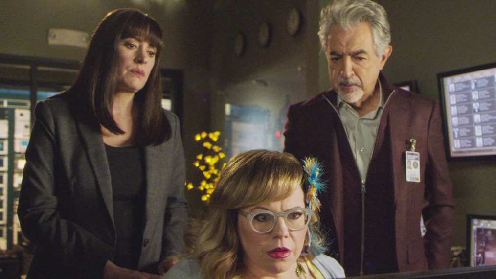 Paget Brewster as Emily Prentiss, Kirsten Vangsness as Penelope Garcia, and Joe Mantegna as David Rossi in Criminal Minds - 'Awakenings'