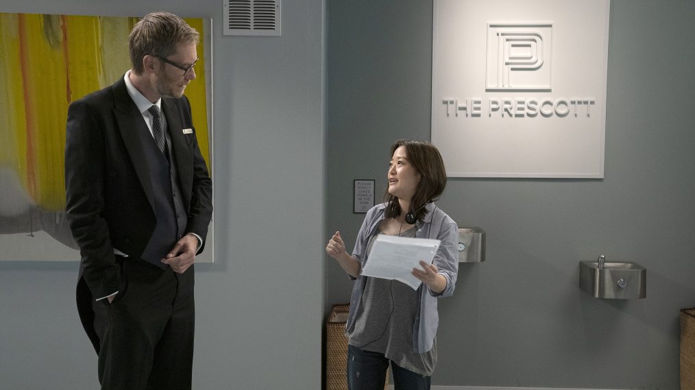 Guest star Stephen Merchant takes direction from episode director Elaine Ko in Modern Family