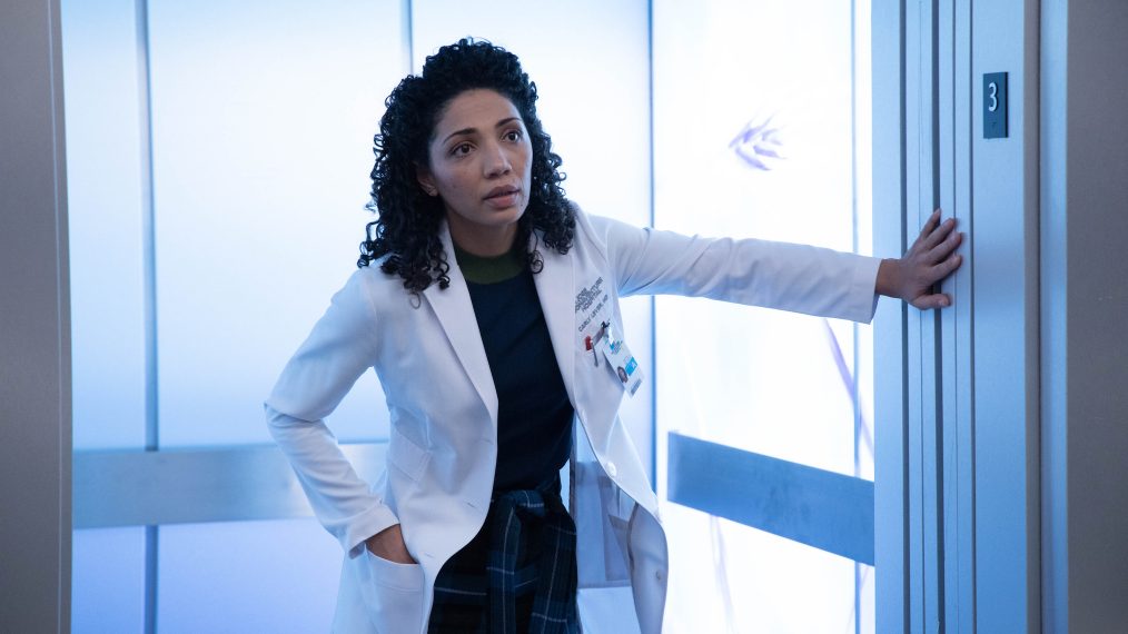 Jasika Nicole holding the elevator door in The Good Doctor