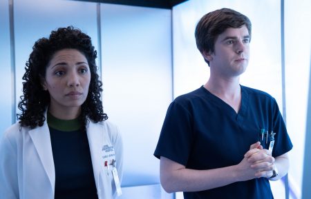 Jasika Nicole and Freddie Highmore in an elevator