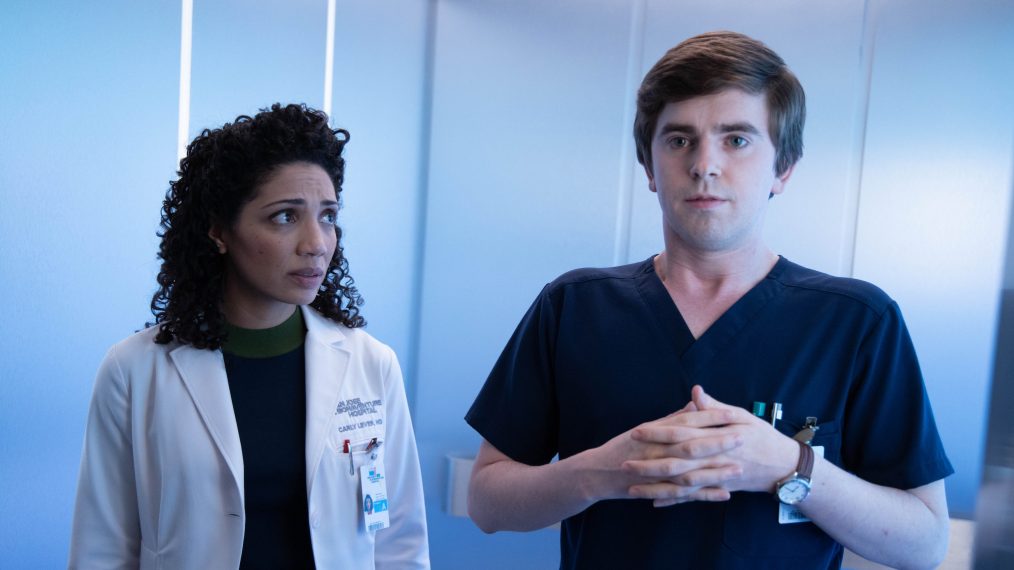 Jasika Nicole and Freddie Highmore in an elevator