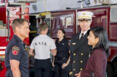 Rob Lowe and guest stars Kyle Secor and Hettienne Park in 9-1-1: Lone Star