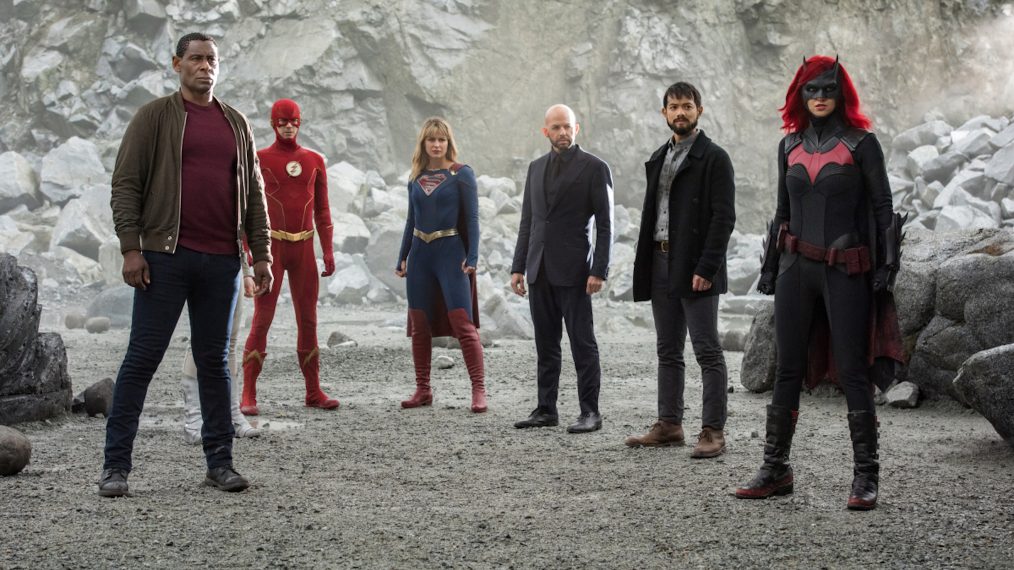 David Harewood as Hank Henshaw/J'onn J'onzz, Grant Gustin as The Flash, Melissa Benoist as Kara/Supergirl, Jon Cryer as Lex Luthor, Osric Chau as Ryan Choi and Ruby Rose as Kate Kane/Batwoman in Crisis on Infinite Earths: Part Four