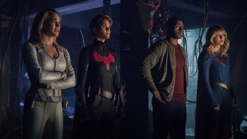 Caity Lotz as Sara Lance/White Canary, Ruby Rose as Kate Kane/Batwoman, David Harewood as Hank Henshaw/J'onn J'onzz and Melissa Benoist as Kara/Supergirl in Crisis on Infinite Earths: Part Four