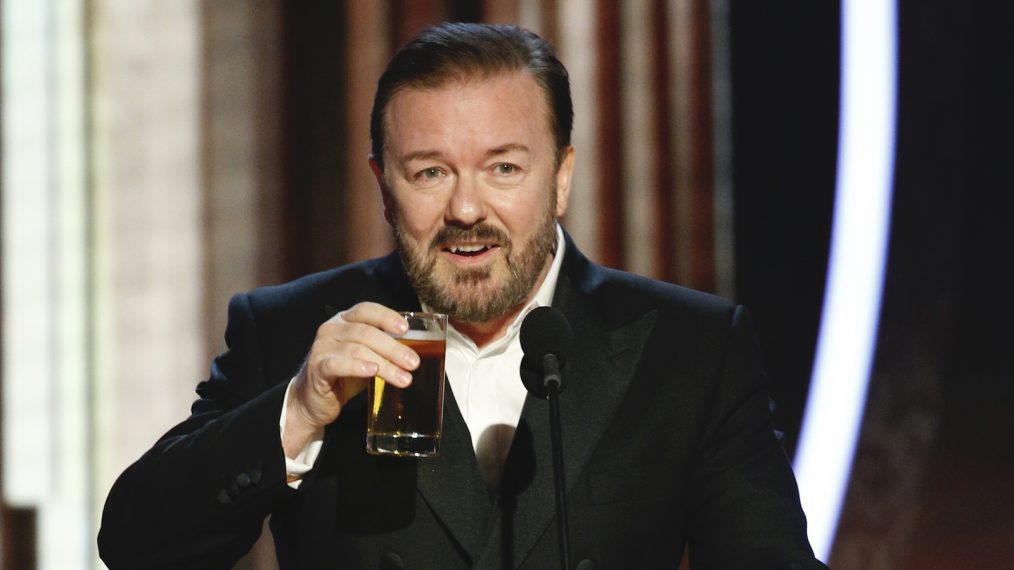 Ricky Gervais drinks beer while hosting the 77th Annual Golden Globe Awards