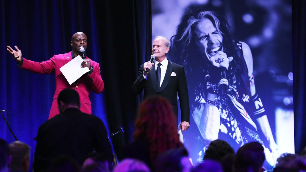 Terry Crews and Kelsey Grammer speak onstage Steven Tyler's Third Annual Grammy Awards Viewing Party