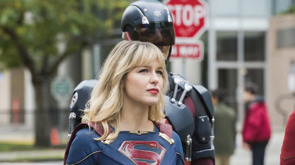 Melissa Benoist as Kara/Supergirl and Brandon Routh as Ray Palmer/Atom in Crisis on Infinite Earths: Part Five
