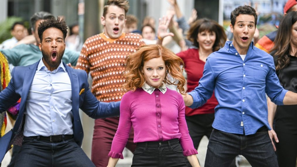 Skylar Astin as Max, Jane Levy as Zoey Clarke, and John Clarence Stewart as Simon in Zoey's Extraordinary Playlist - Season 1