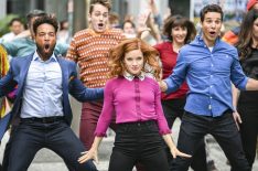 Skylar Astin as Max, Jane Levy as Zoey Clarke, and John Clarence Stewart as Simon in Zoey's Extraordinary Playlist - Season 1