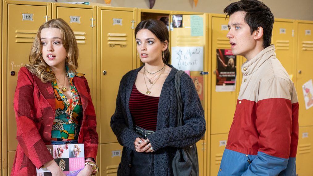 Aimee Lou Wood, Emma Mackey, and Asa Butterfield in Sex Education - Season 2