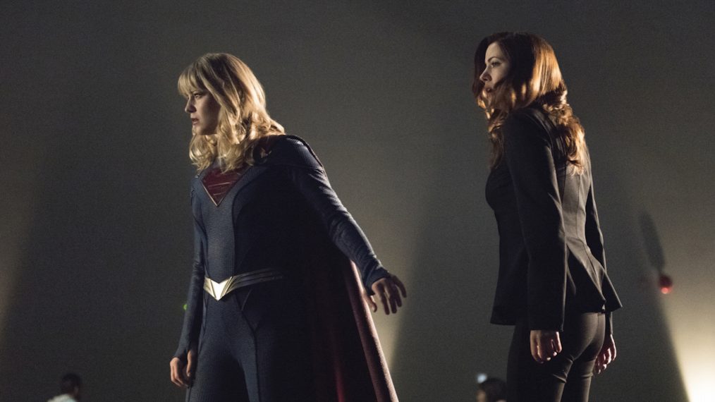 Melissa Benoist as Kara/Supergirl and Julie Gonzalo as Andrea Rojas/Acrata in Supergirl - 'Back From the Future - Part One'