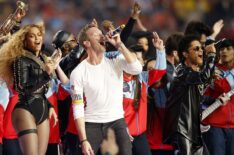 Beyonce, Chris Martin of Coldplay, and Bruno Mars perform during the Pepsi Super Bowl 50 Halftime Show