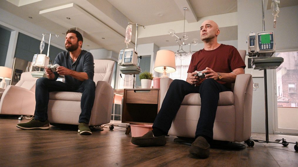 James Roday Rodriguez as Gary and Ron Livingston as Jon playing video games in A Million Little Things - Season 2, Episode 17