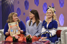 Aidy Bryant as Morgan, Cecily Strong as Kira, and Amy Adams as Megan Carter-Casgrove during the 'Girlfriends Talk Show' skit on Saturday Night Live