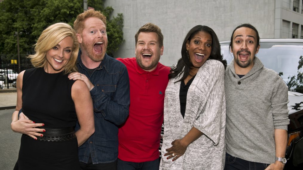 Jane Krakowski, Jesse Tyler Ferguson,James Corden, Audra McDonald and Lin-Manuel Miranda in Carpool Karaoke