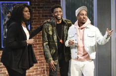 Leslie Jones, Chadwick Boseman, and Chris Redd during a 'Wakanda Forever' sketch on Saturday Night Live