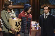 Leslie Jones, Chance The Rapper, Beck Bennett as Bruce Wayne during 'Wayne Thanksgiving' sketch on Saturday Night Live