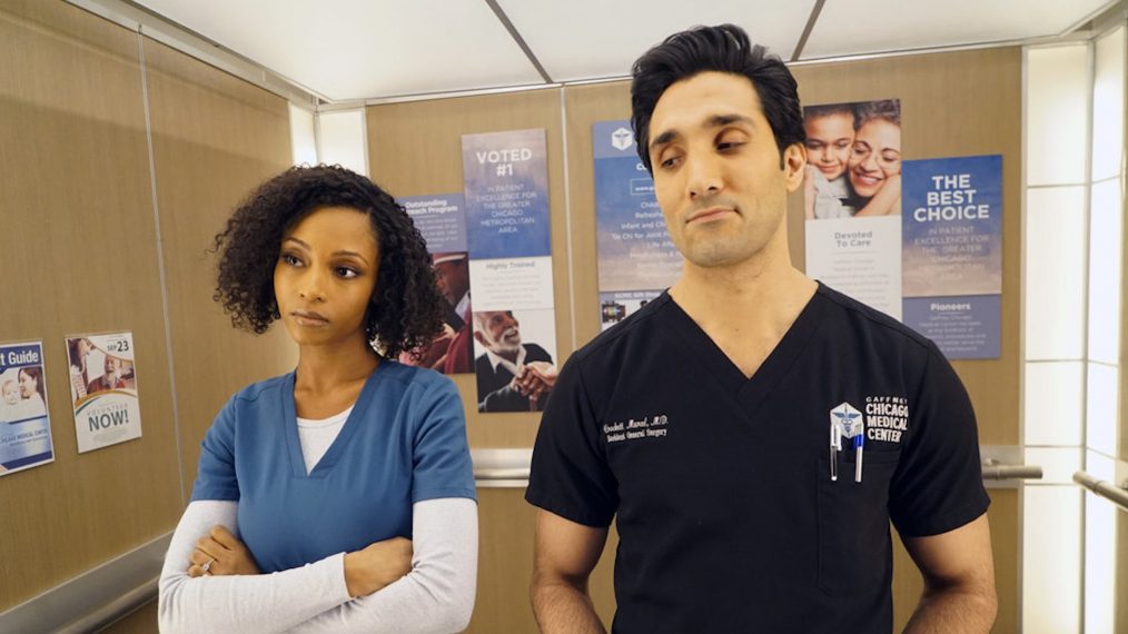 Chicago Med - Season 5 Episode 14 - April Marcel Kiss - Yaya DaCosta as April Sexton, Dominic Rains as Crockett Marcel