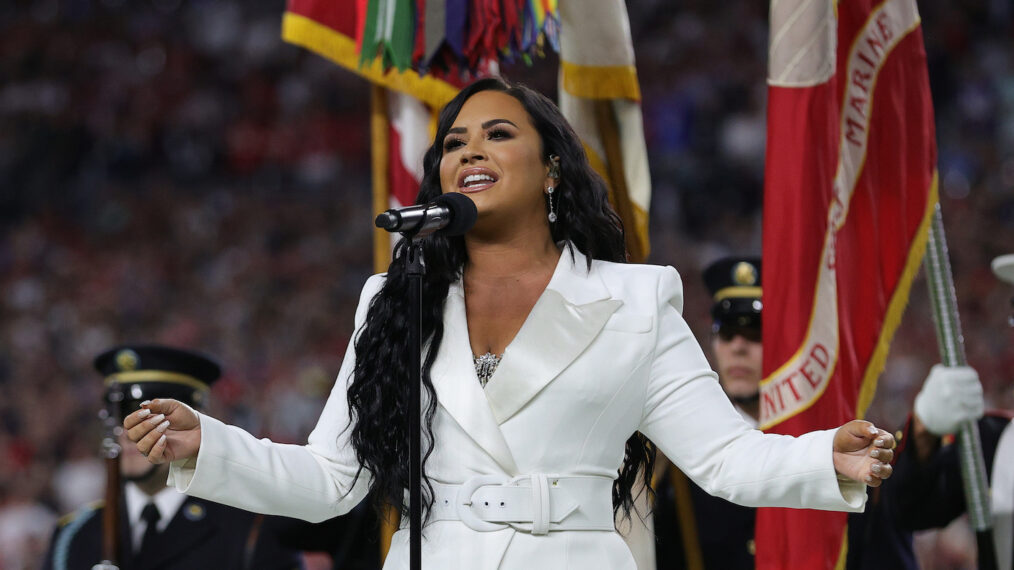 Demi Lovato sings the national anthem during Super Bowl LIV