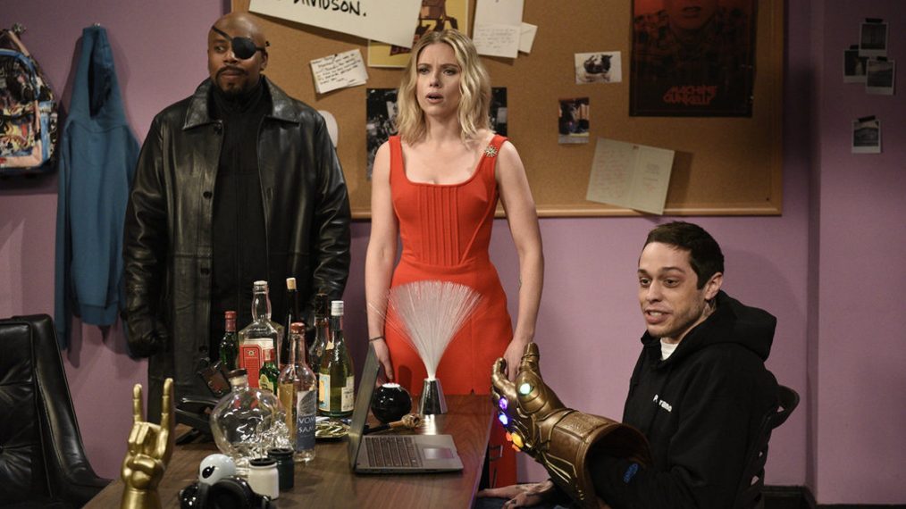 Saturday Night Live - Kenan Thompson, host Scarlett Johansson, and Pete Davidson