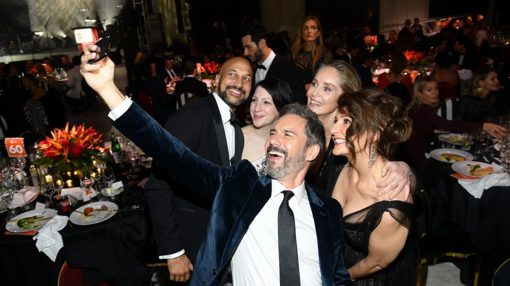 Keegan-Michael Key, Elisa Key, Eric McCormack, Sharon Stone, and Nia Vardalos attend the 28th Annual Elton John AIDS Foundation Academy Awards Viewing Party