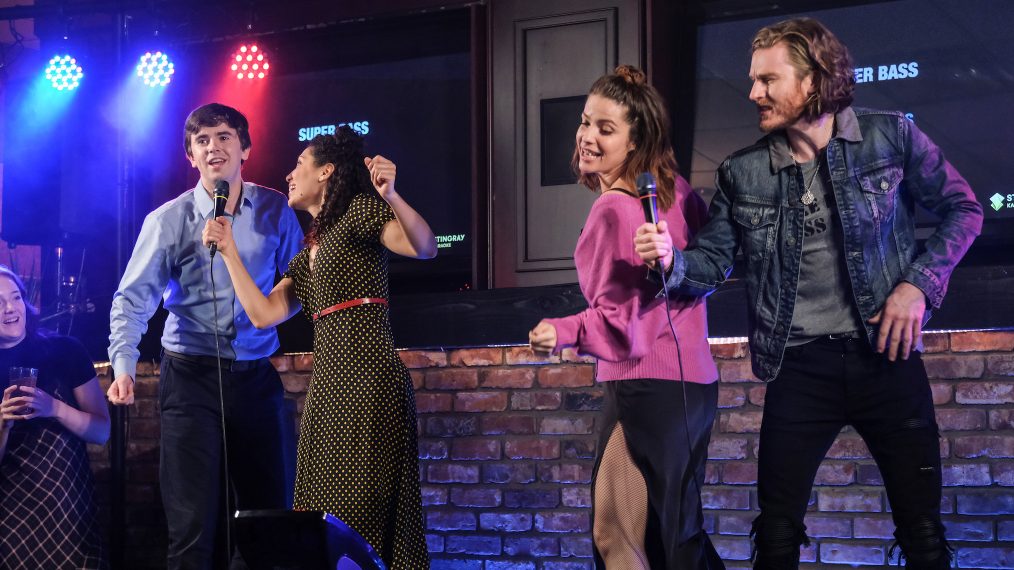 Jasika Nicole, Freddie Highmore, Paige Spara, and Neil Webb singing karaoke in The Good Doctor - Season 3 Episode 15