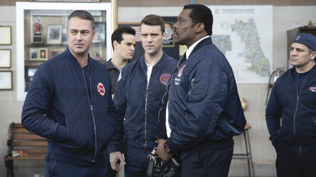 Taylor Kinney as Kelly Severide, Alberto Rosende as Blake Gallo, Jesse Spencer as Matthew Casey, Eamonn Walker as Wallace Boden, Anthony Ferraris as himself in Chicago Fire Season 8 Episode 19 - 'Light Things Up'