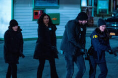 Keisha Castle-Hughes as Hana Gibson, Roxy Sternberg as Sheryll Barnes, Kellan Lutz as Kenny Crosby, and Catherine Haena Kim as Emily Ryder in FBI Most Wanted crossover