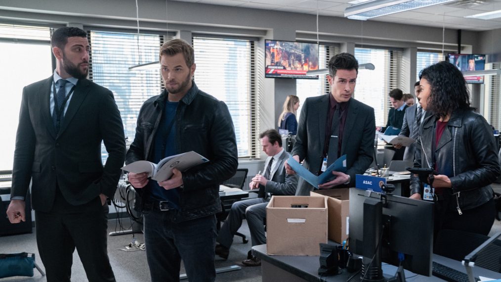 Zeeko Zaki as Special Agent Omar Adom 'OA' Zidan, Kellan Lutz as Kenny Crosby, John Boyd as Stuart Scola, and Roxy Sternberg as Sheryll Barnes in FBI Most Wanted crossover