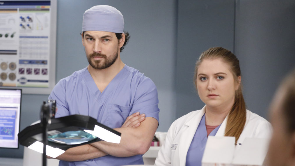 Giacomo Gianniotti as DeLuca and Jaicy Elliot as Helm in Grey's Anatomy Season 16 Finale