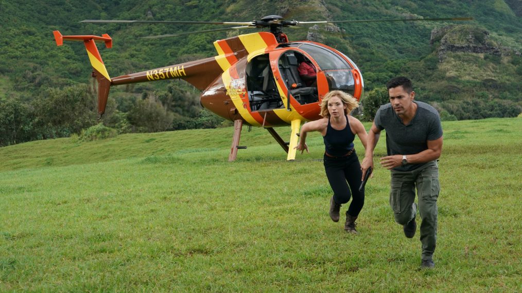 Perdita Weeks and Jay Hernandez running from a helicopter in Magnum P.I.