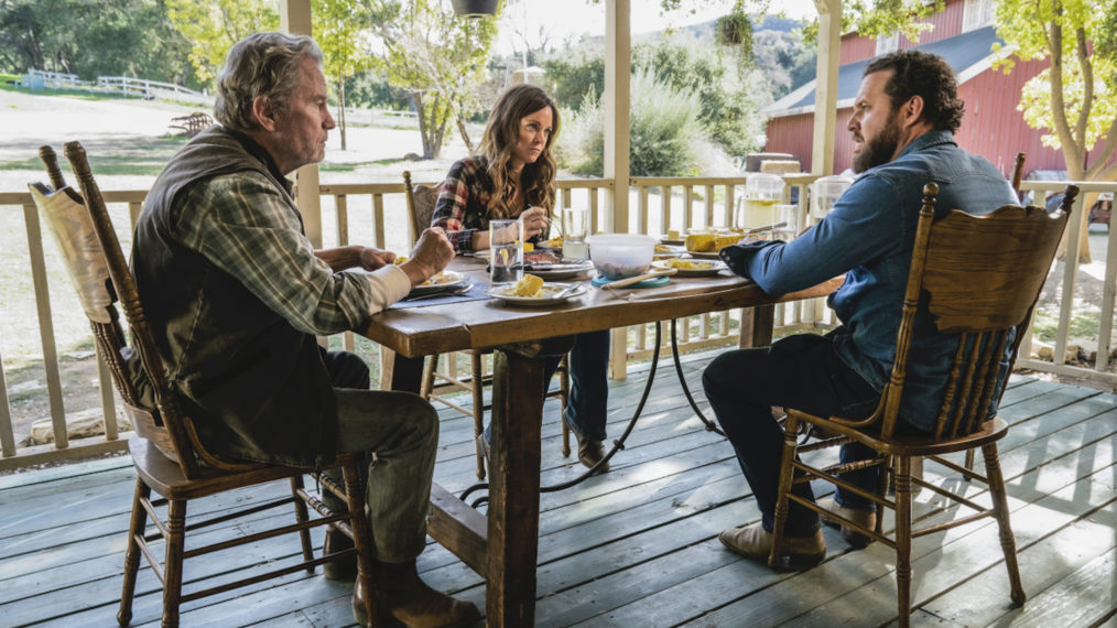 John Savage as Emmet Quinn, Rachel Boston as Hannah and AJ Buckley as Sonny Quinn in SEAL Team - Season 3, Episode 17