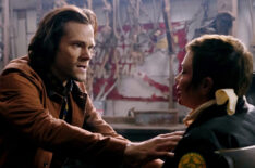 Jared Padalecki as Sam Winchester and Kim Rhodes as Jody Mills in Supernatural Season 15 Episode 12 - 'Galaxy Brain'