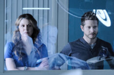 Jane Leeves as Kit and Matt Czuchry as Conrad in the 'Burn it All Down' season finale episode The Resident - Season 3