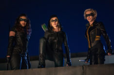 Arrow - 'Green Arrow & The Canaries' - Juliana Harkavy as Dinah Drake/Black Canary, Katherine McNamara as Mia and Katie Cassidy as Laurel Lance/Black Siren