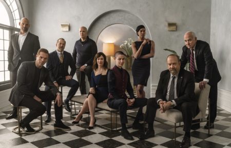 Billions cast - Corey Stoll, Damian Lewis, David Costabile, Kelly AuCoin, Maggie Siff, Asia Kate Dillon, Condola Rashad, Paul Giamatti, and Jeffrey DeMunn