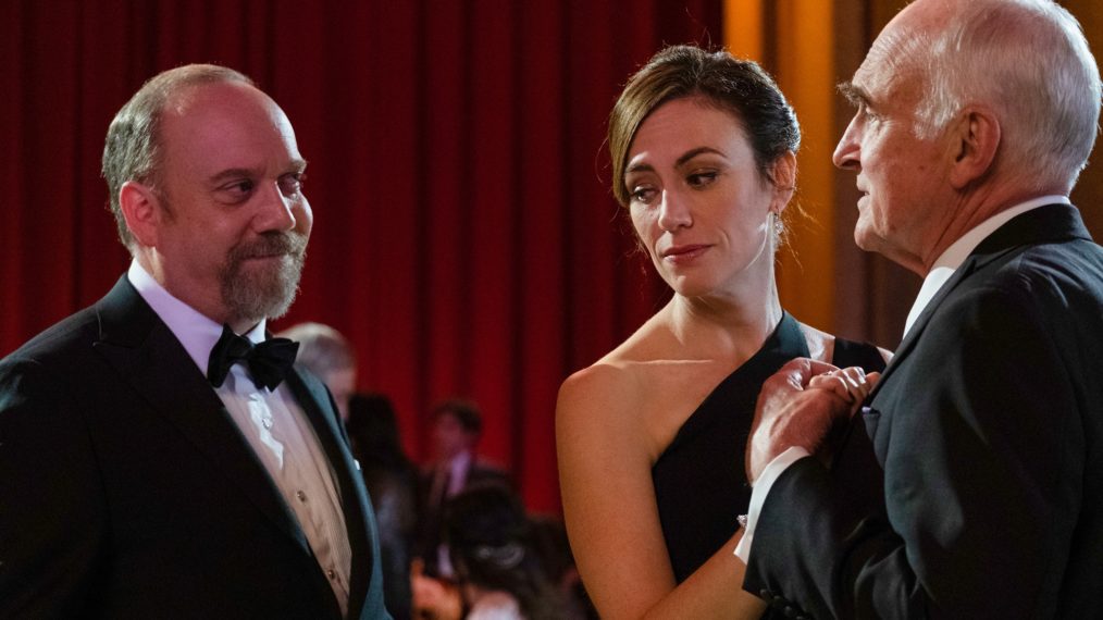 Paul Giamatti as Chuck Rhoades, Maggie Siff as Wendy Rhoades and Jeffrey DeMunn as Chuck Rhoades Sr. in Billions - 'The New Decas'