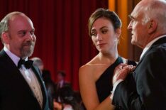 Paul Giamatti as Chuck Rhoades, Maggie Siff as Wendy Rhoades and Jeffrey DeMunn as Chuck Rhoades Sr. in Billions - 'The New Decas'