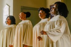 Clark Sisters: First Ladies of Gospel - Angela Birchett as Jacky, Shelea Frazier as Dorinda, Kierra Sheard as Karen, and Raven Goodwin as Denise robes